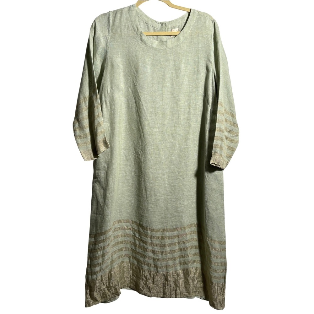 EKA Green Linen Striped Maxi Dress Lagenlook Indian Designer OS Earthy Ethical